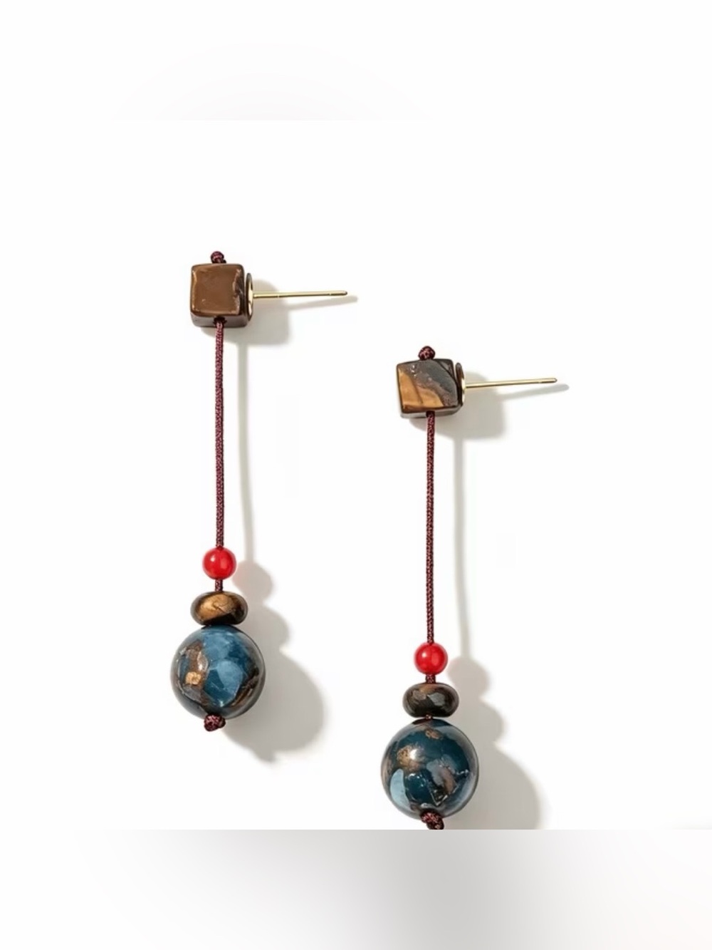 Handmade Blue & Brown Bead Drop Earrings - Women Jewelry New